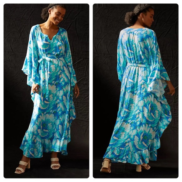 Anthropologie Bel Kazan Blue Floral Belted Kaftan OS One Size Resort New - Picture 1 of 7